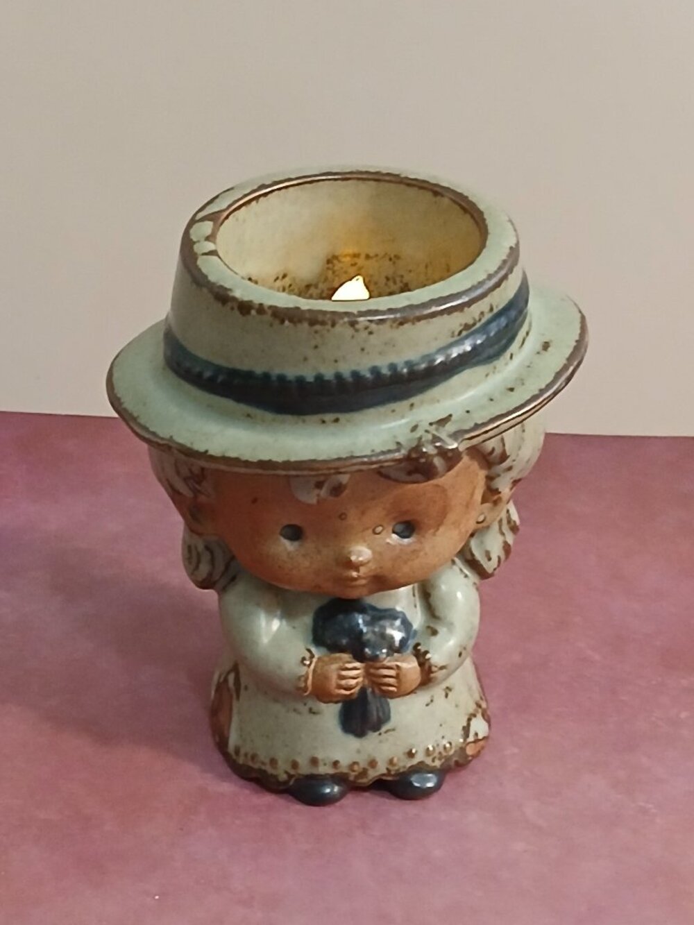 1970s Earthenware Girl Figurine Tealight Holder-UCTCI Japan